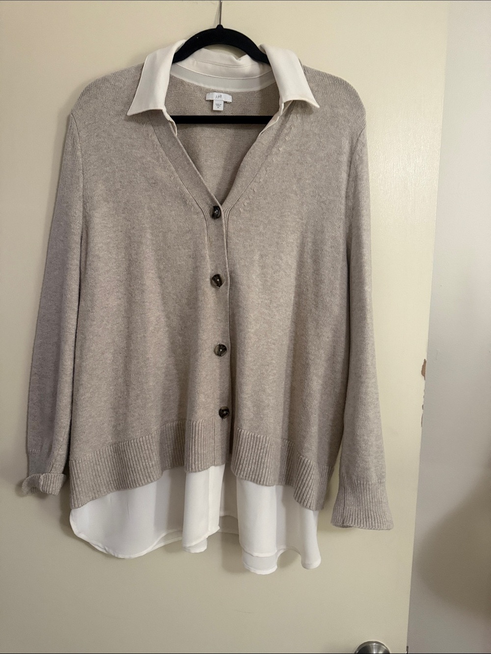 J. Jill Taupe Layered Button-Front Cardigan with White Shirt Hem